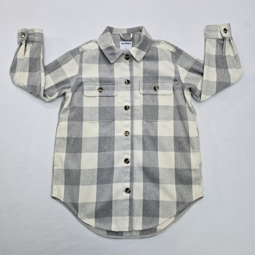 Old Navy Womens Grey White Buffalo Plaid Flannel Shacket Shirt Jacket Large - Picture 2 of 12
